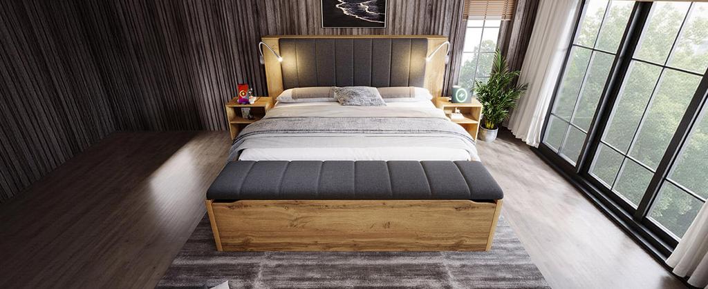 Double Bed 160 x 200 cm Wooden Foldable Headboard Made of Linen Two Nightstands Bench with Storage USB Reading Lamps Slats Oak Color without Mattress