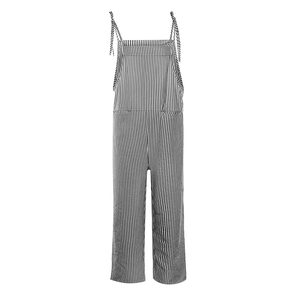 Women's Casual Fashion Pocket Tie Sleeveless Striped Jumpsuit