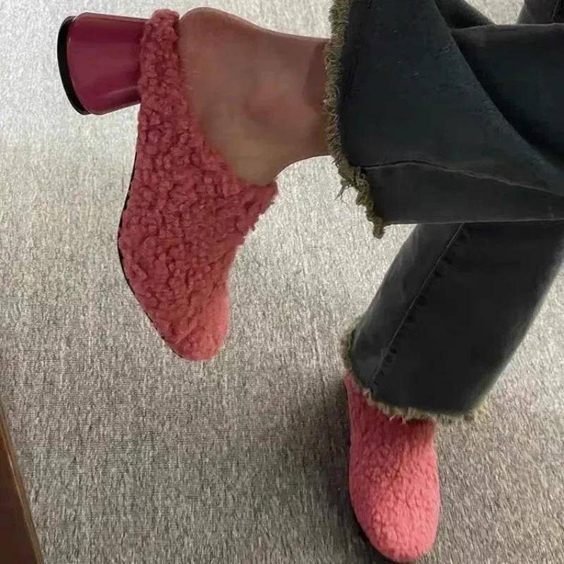 Fashion Women's Shoes 2024 High Quality Baotou Women's Slippers Fashion Short Plush Daily Slippers Women Hot Sale Solid Heels Women