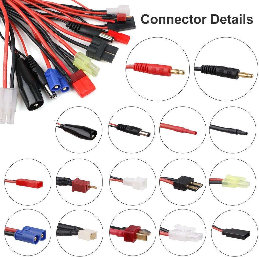 14-in-1 RC Charger Adapter Cable | Universal Charging Harness for RC Models and Drones | Includes JST, Deans, EC3, Tamiya, XT60, More | Red, Plastic