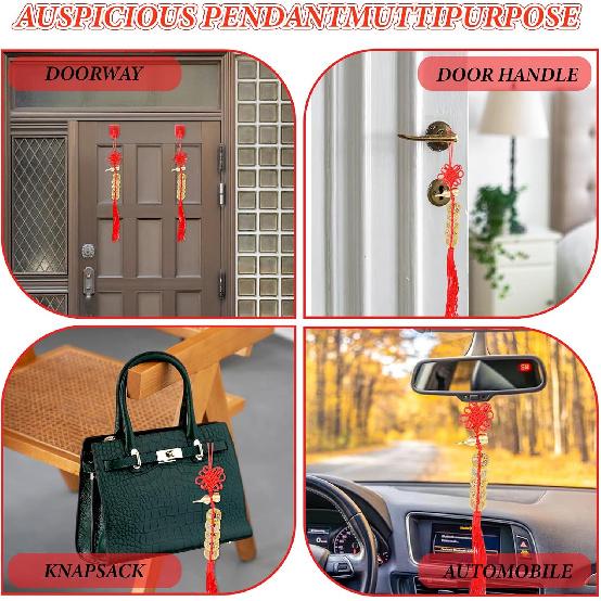 2PCS Feng Shui Good Luck Charms, Metal Gourd 5 Co Feng Shui Decor, Red Chinese Knot Tassel Good Luck Gifts, Five Emperor Co Blessing Gifts for Car