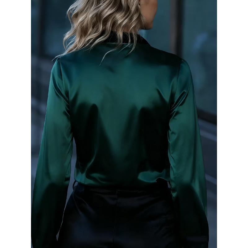 Women's Spring New Style Elegant Commuting Long-Sleeve Shirt Satin Color-Block Blouse