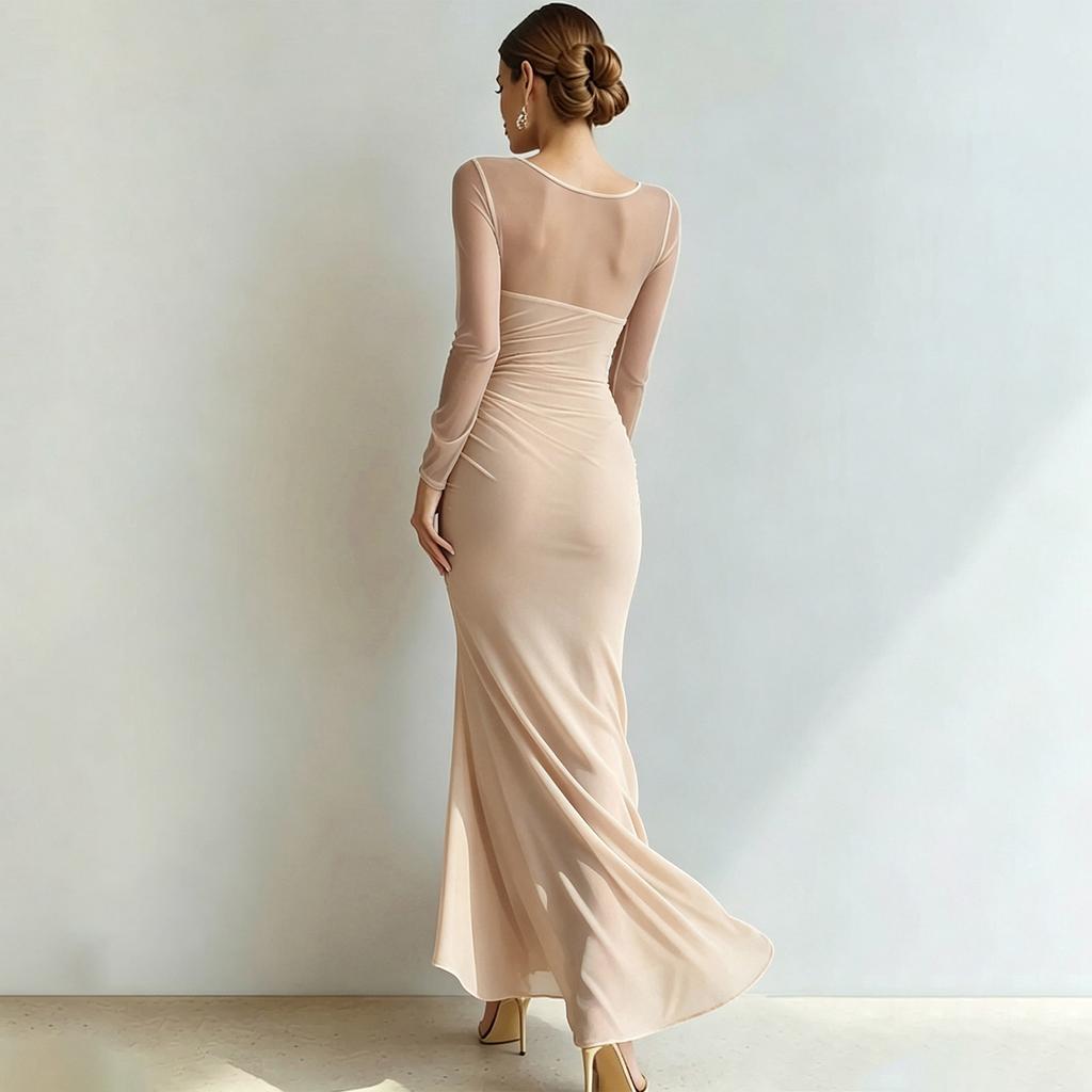 Women's Sheer Mesh Long Sleeve Pleated High Slit Bodycon Evening Dress for Wedding Guest Cocktail Party
