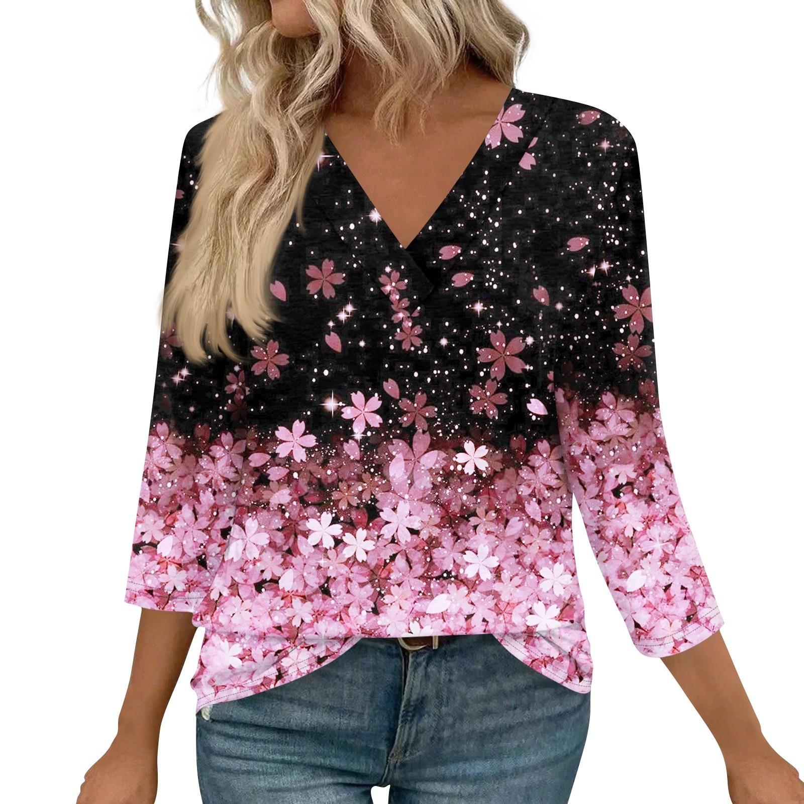 

Жіночі топи з V-подібним вирізом, повсякденні туніки, звичайні сорочки, вільні блузки з рукавом 3/4 S рожевий