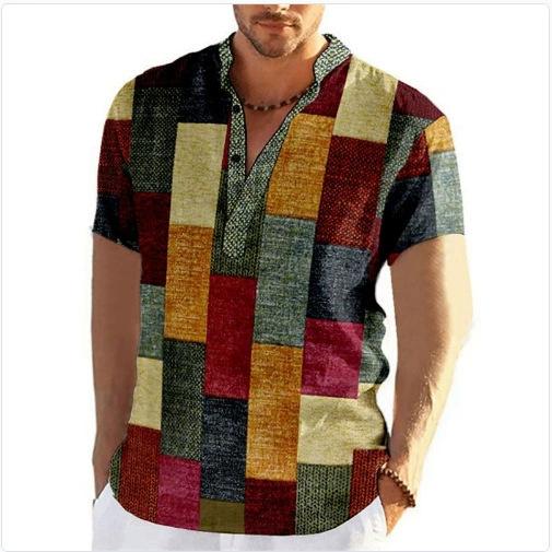 New Spring And Autumn Simple Color Matching 3D Digital Printing Stand-Up Collar Men'S Short-Sleeved Casual Shirt