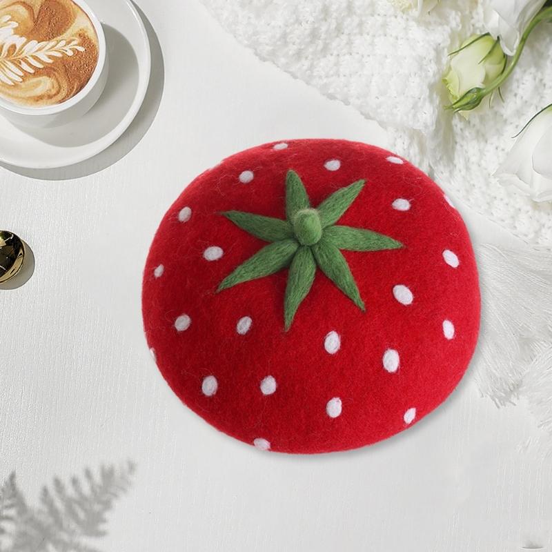 Warm Wool Felted Beret Hat Strawberry Pattern Hat Unisex Soft Elegant Hat for Outdoor Fashion