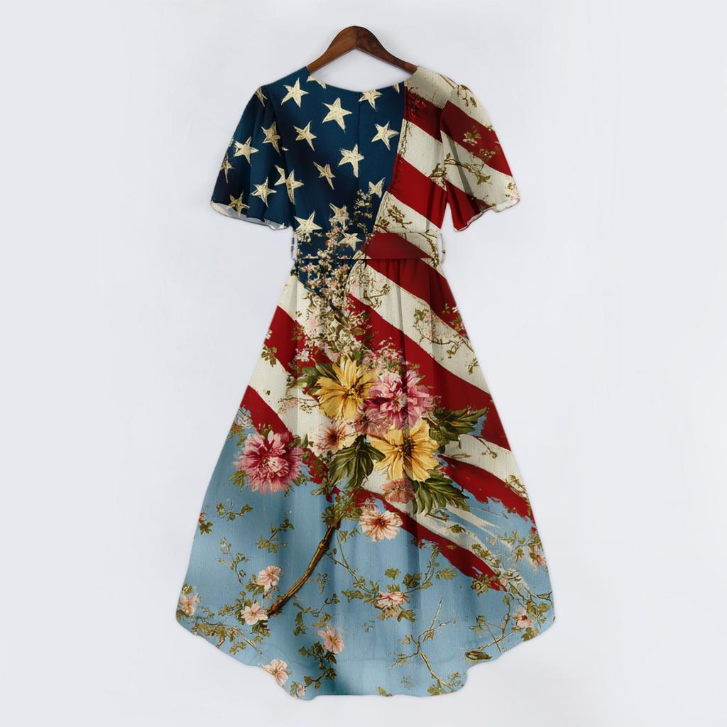 Women's Fashionable Casual V-neck Short-sleeved Independence Day Printed Dress