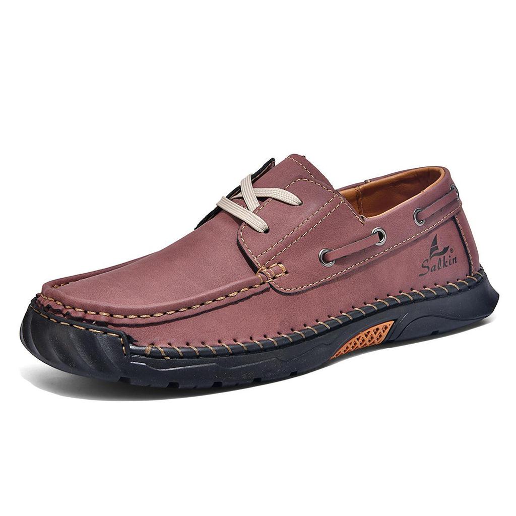 2026 Plus Size Men's Leather Casual Loafers - Hand-Stitched Low-Top Shoes for Spring