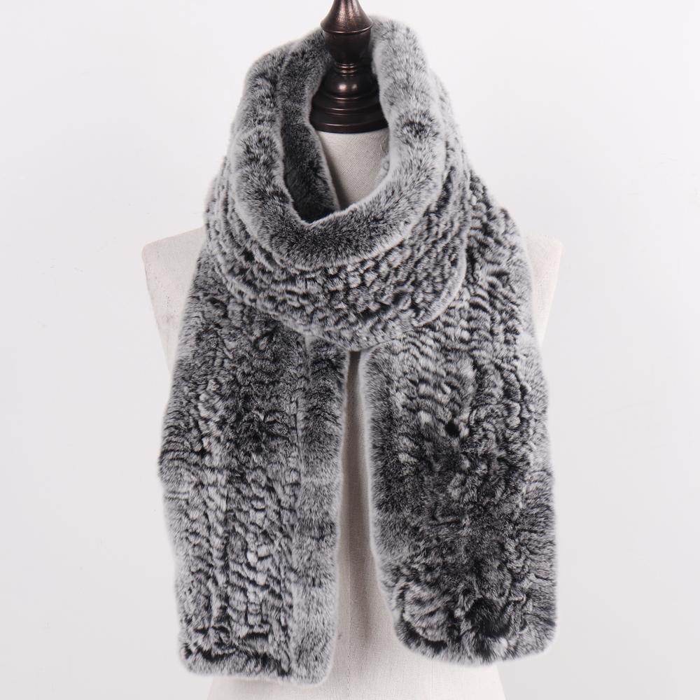New Women Real Knitted Rex Rabbit Fur Scarf Fashion Luxury Brand Shawl Fur Scarves Solid Color Russian Winter Fur Neckerchief