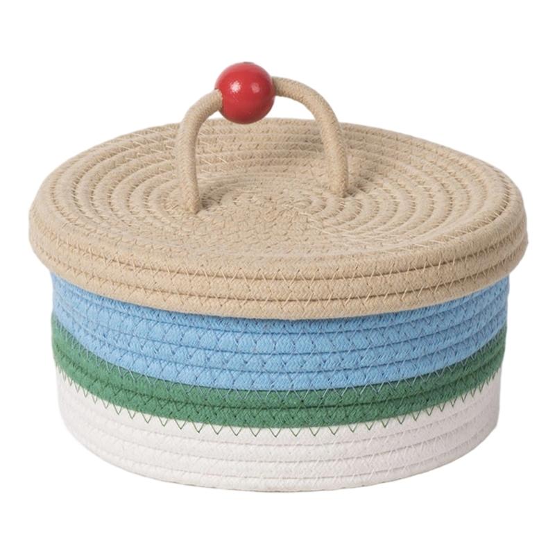 Плетеная корзина для хранения из хлопковой веревки с крышкой, ручной работы, круглый органайзер для спальни, стола, домашнего декора с пылезащитной крышкой