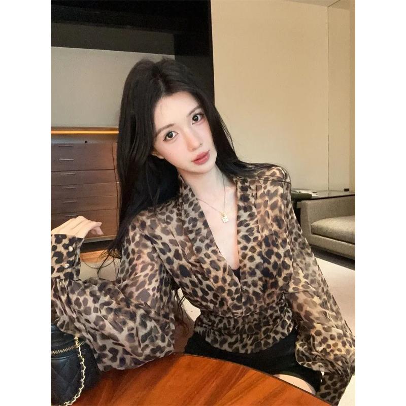 

Women s Leopard Print V Neck Puff Long Sleeve Blouse Chiffon Ruched Slim Fit Casual Party Top S