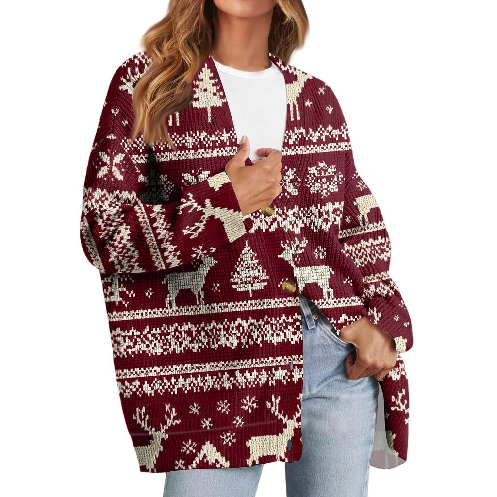 Women's Fashion Long Sleeve Christmas Print V-Neck Button Loose Cardigan Top