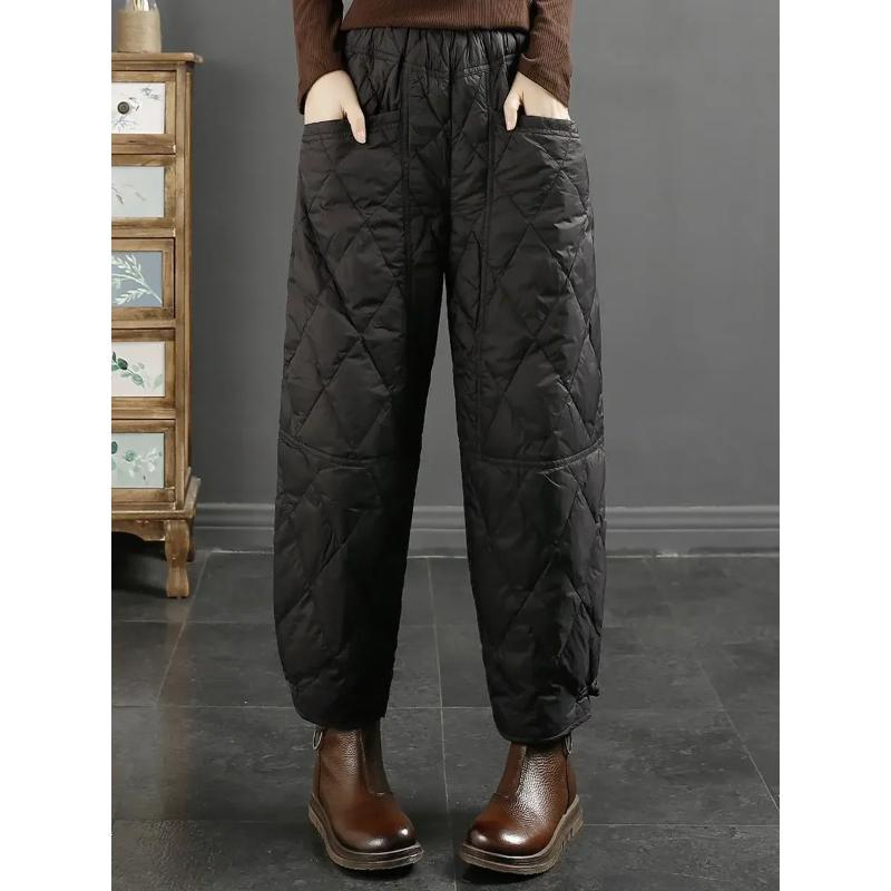Vintage Pants Women Winter Warm Trouser Cotton-padded Pants Casual Design Pockets Elastic Waist Korean Chic Black Pants