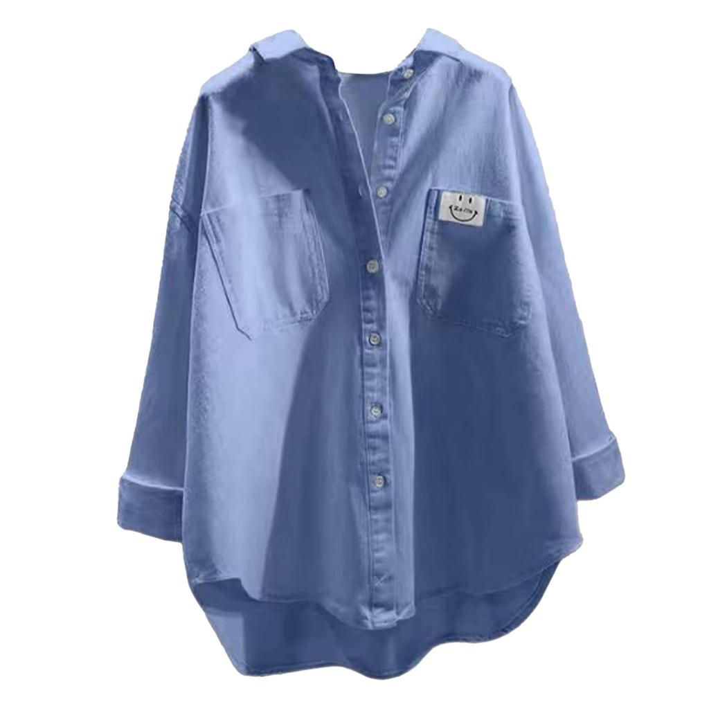 Unifiss Smile Logo Design Cute Long Everyday Blouse, Sleeves, Spring/Autumn, Women's, Loungewear, Workwear, Wear, Blue, 5S-U07-BLL