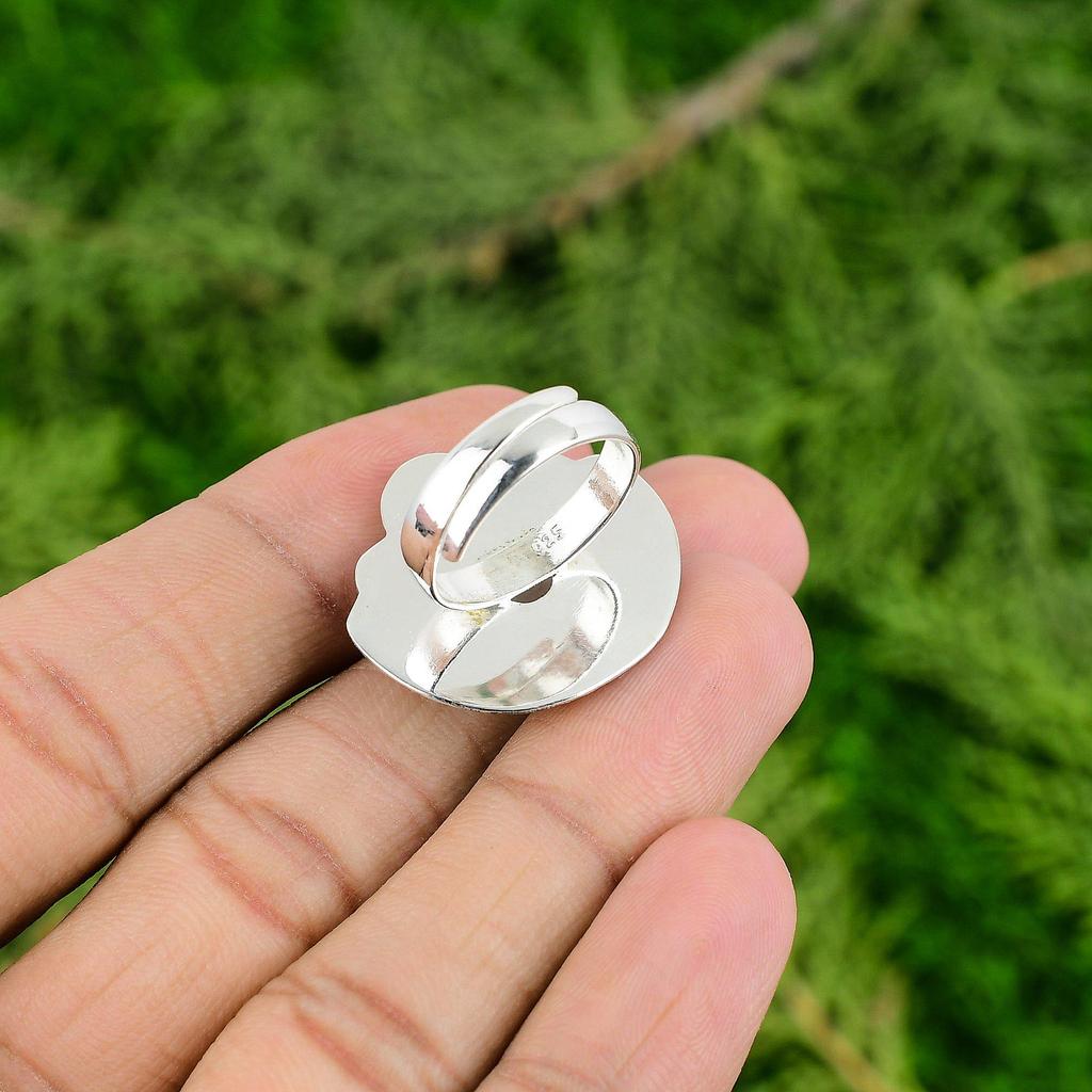 Natural Rainbow Moonstone Statement Flower Adjustable Ring 925 Silver For Women
