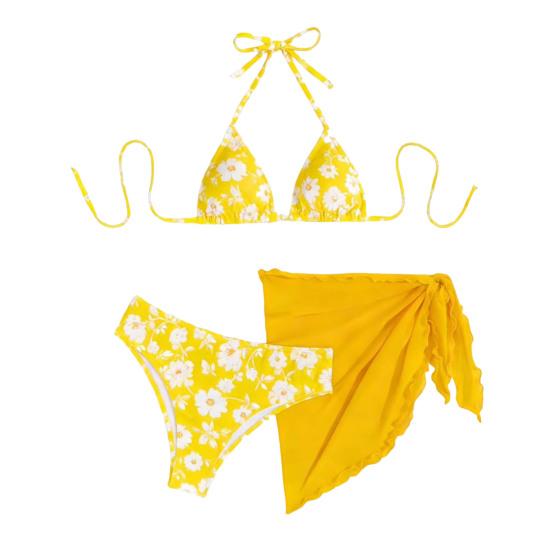 3Pcs/Set Swimsuit Set Halter Chest Pads No Underwire Bra Swimming Briefs Sheer Trim Cover Up Skirt Set Floral Print Split Swimsuit