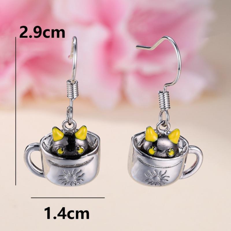 Korean version cute white K water cup black cat ear buckle sweet cute earrings