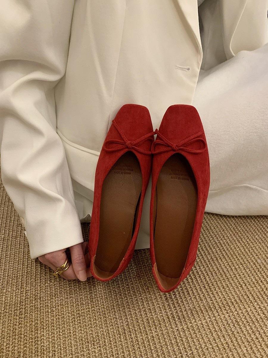 

Gentle bow single shoes 2025 new square head shallow mouth retro suede ballet shoes ladyshoes 39 красный