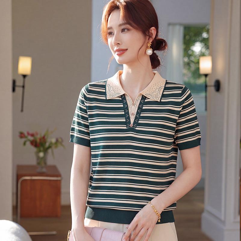 

Mom s Summer Lapel Ice Silk Short-Sleeve T-Shirt: Fashionable Knitted Top for Middle-Aged and Elderly Women, Mulberry Silk for Radiant Skin 2XL (recommended 55-60 kg) темно-зеленого
