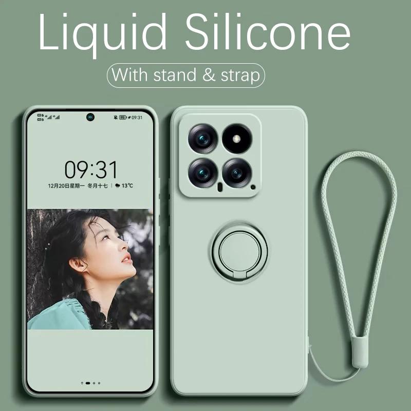 Liquid Silicone Case For Xiaomi 14T Pro 360 ° Rotating Ring Holder Cover For Xiaomi 15 14 13 12 13T 12T Pro Fundas With Strap