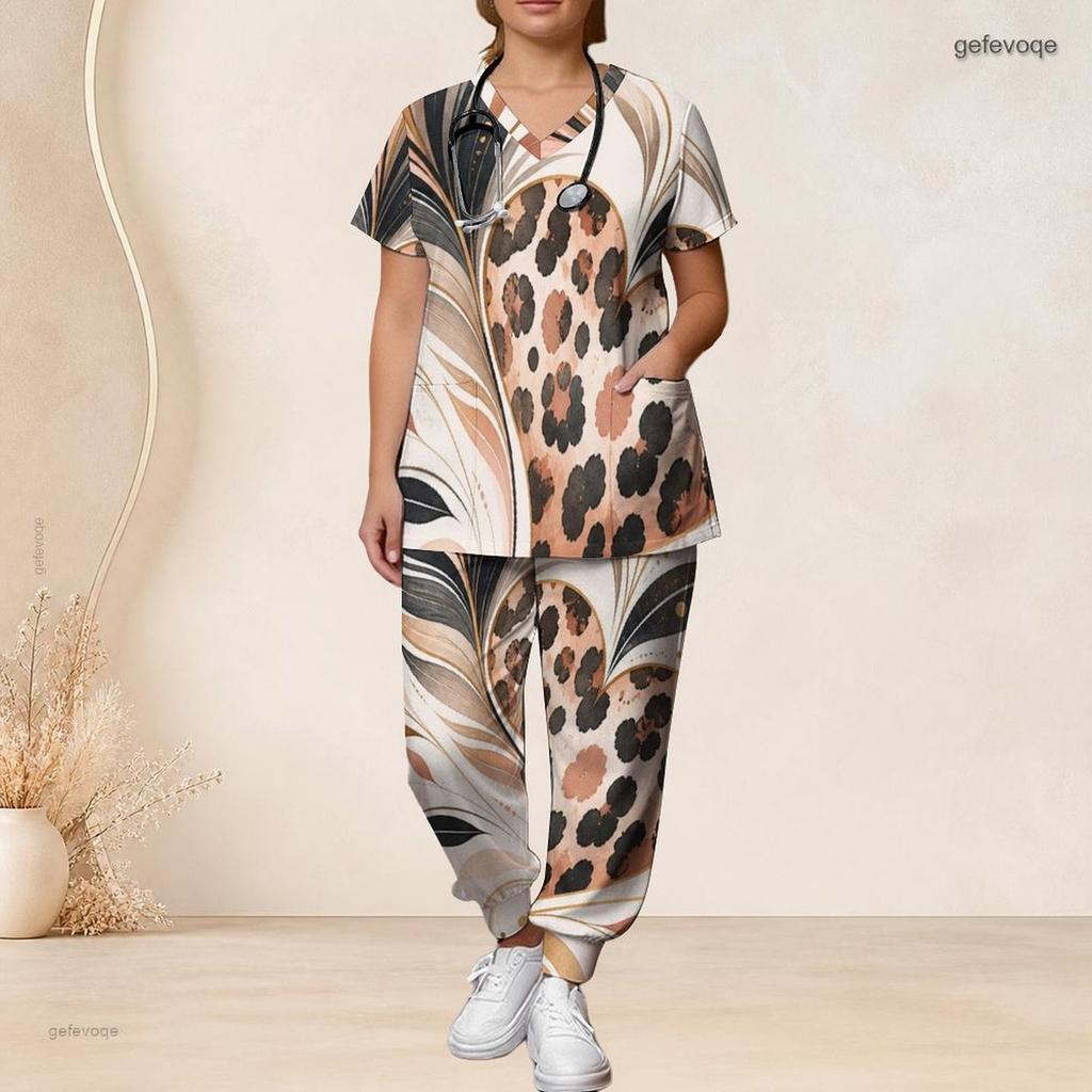 Women Plus Size V Neck Short Sleeve Scrub Set Wine Glass Leaf Abstract Art Print Nurse Uniform Set