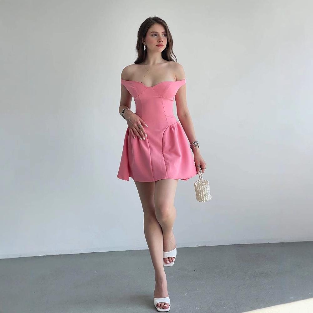 2025 Summer European & American Women's One-Shoulder Sexy Waist-Cinching Solid Color Dress