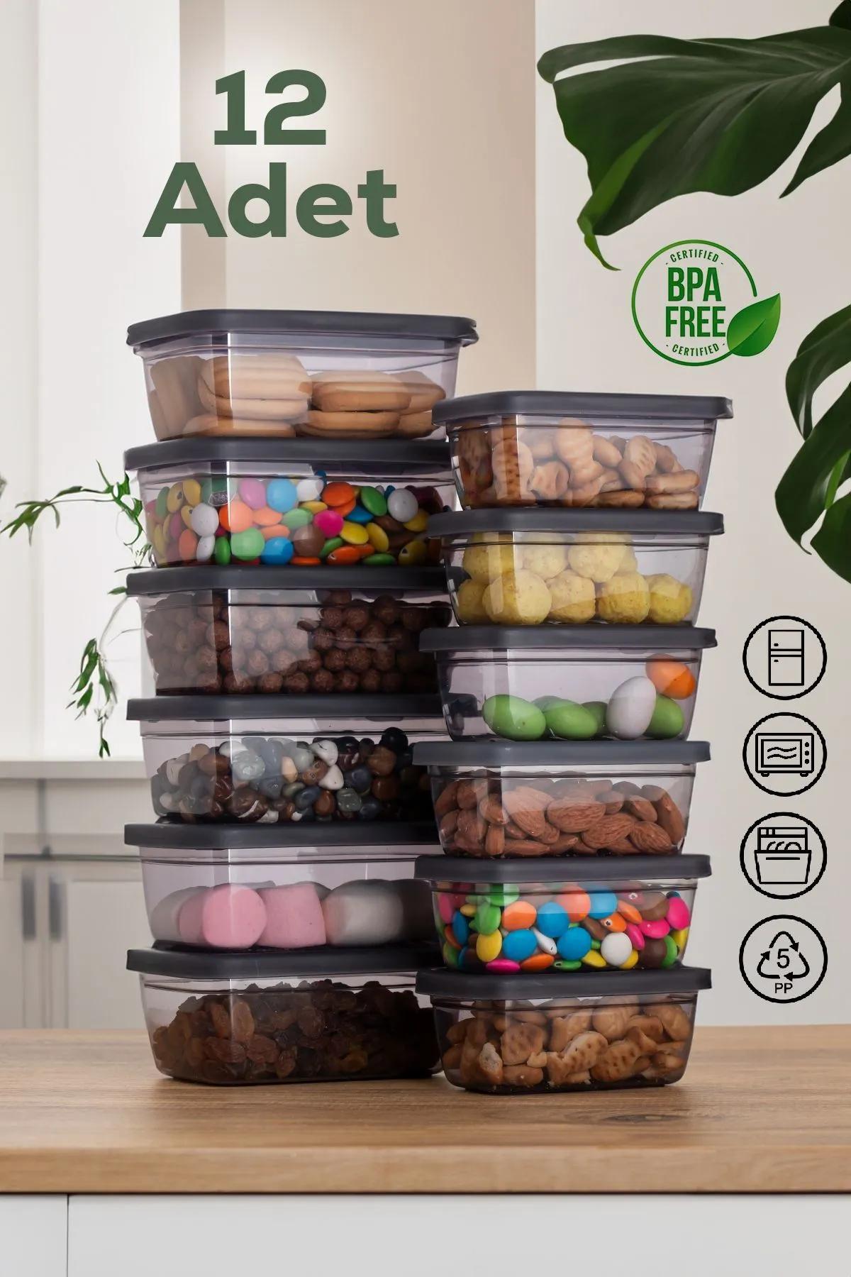 

12 Li Plastik Dikdörtgen Gıda Erzak Kahvaltılık Saklama Kabı Seti 6X(200-380) CC Füme