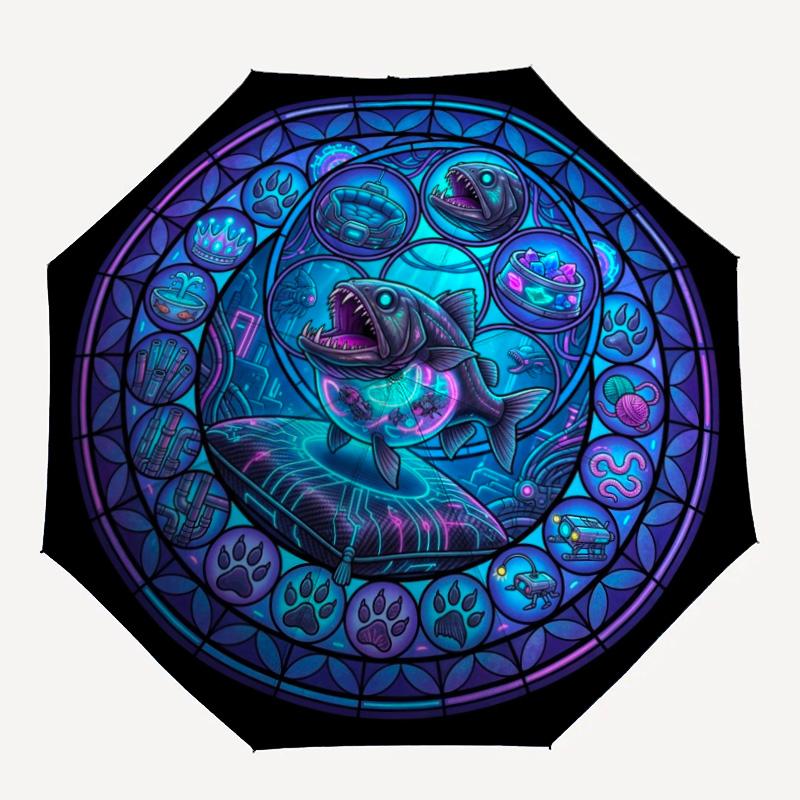Cybernetic Fish Mandala Pattern Umbrella, Portable and Foldable Design, 8 Ribs, a Casual Accessory for Halloween, Christmas, and Birthday Gifts.