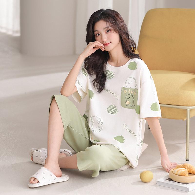 

Женский летний пижамный комплект из 100% хлопка - Топ с коротким рукавом и брюки капри для дома или улицы L