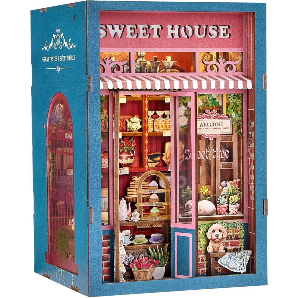 

Book Nook Kit DIY 3D Wooden Puzzle Miniature Dollhouse Bookshelf Bookend with Touch LED Light Bakery