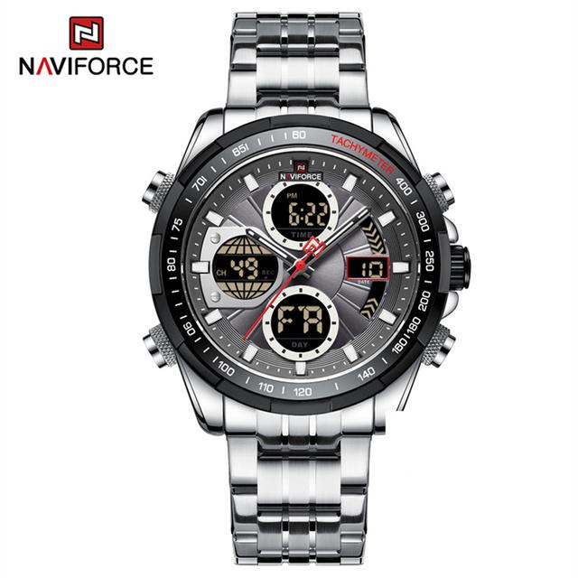 NAVIFORCE 9197 Digital Quartz Watch Men Three Time Quartz Wrist Mens Watch Countdown Steel Wristwatch Clock Relogio Masculino