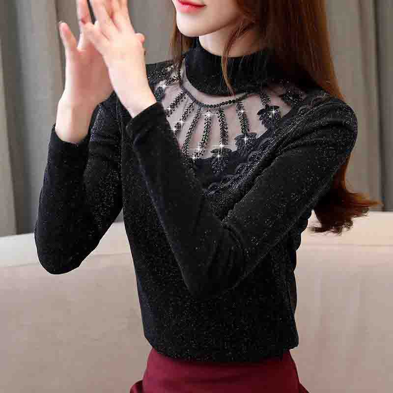 Spring Summer Lace Shirt Women's Wild Slim Bottoming Shirt Large Size Half High Collar Thin Diamond Top