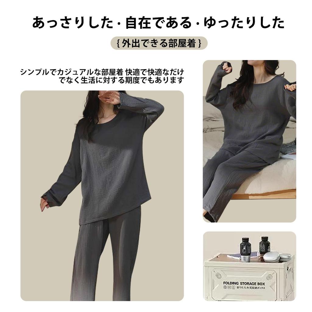 [PeiYA] Women's Long-Sleeved Double Gauze 100% Cotton Round Neck Pajamas, Relaxed Fit Top and Bottom Set