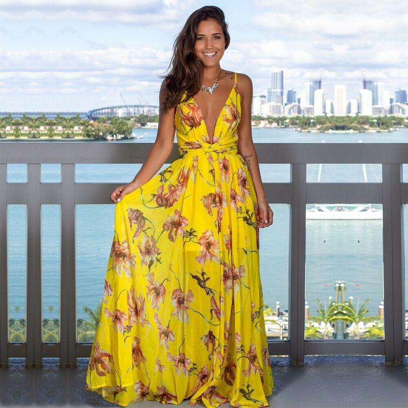 Party Beach Floarl Print Maxi Dress Casual Sundress Dress Female