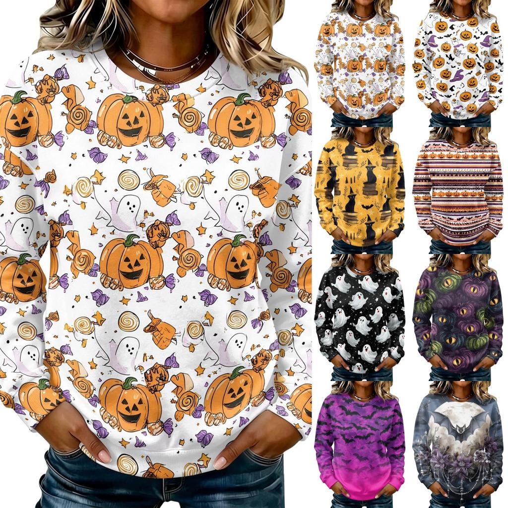 Women's Halloween Print Long Sleeve Pullover Hoodie Casual Round Neck Top
