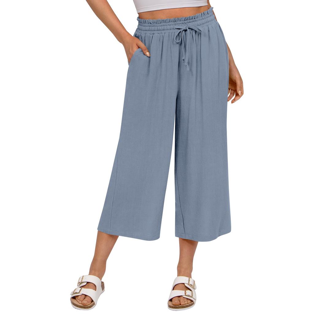 Women's Square Pocket Elastic Waist Cropped Pants Casual Cotton And Linen Pants