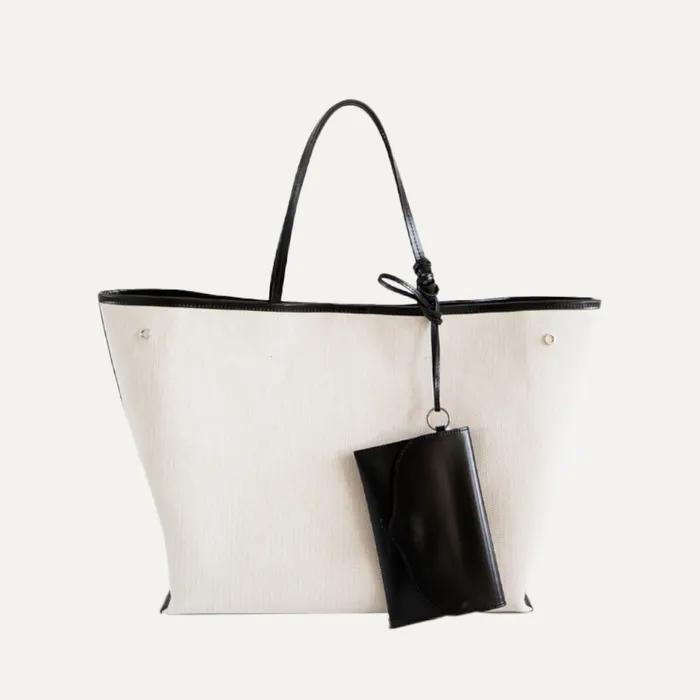 Leather-Trimmed Canvas Tote Ecru