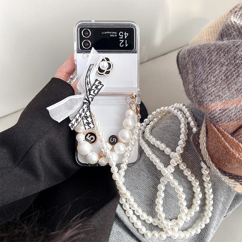 Transparent Ins Style Phone Case for Samsung Zflip6 Foldable Screen Flip W24flip Pearl Hand-held Chain Flower