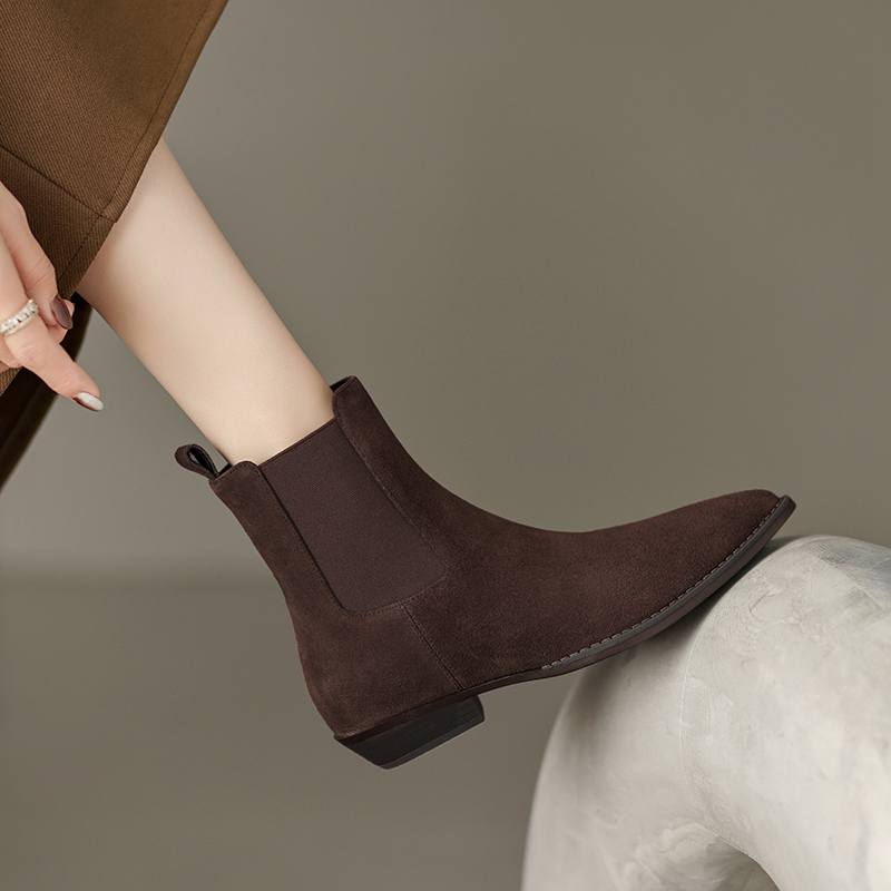 Krazing Pot Piele intoarsa de vaci iarna varf rotund gros tocuri joase cizme chelsea in crestere femei marime mare 41 botine la glezna