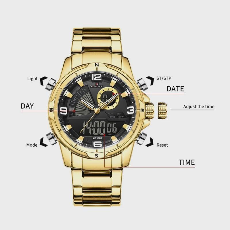 Mens Multifunctional Double-Display Watches Date Stainless Steel Watchband LED Luminous Mode Waterproof Wrist Watch