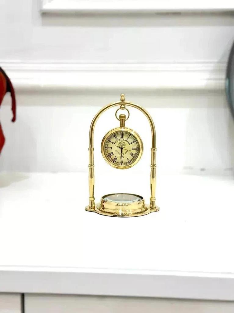 Brass Polished Antique Brass Compass with Clock Table Clock Compass Vintage