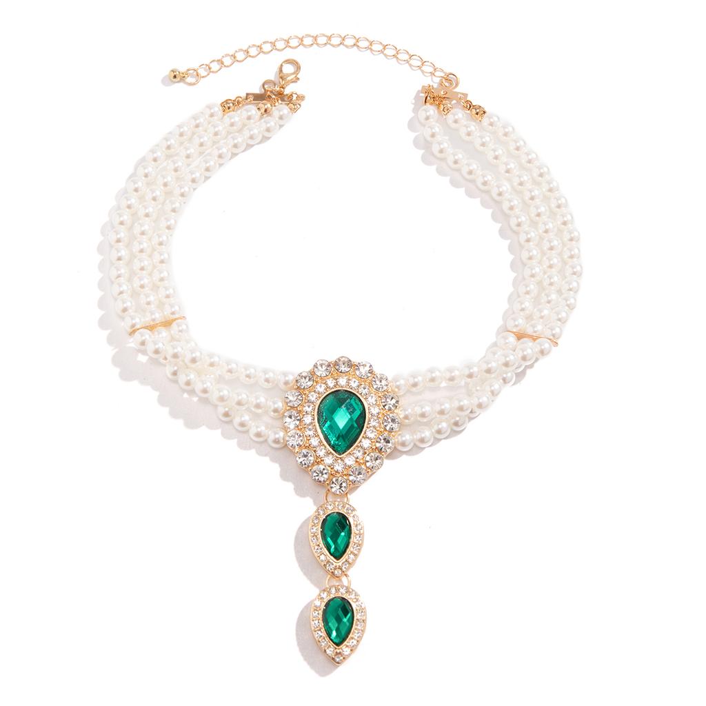 IngeSight.Z Vintage Multi-layer Imitation Pearl Beaded Choker Necklace Women Luxury Green Rhinestone Droplet Long Necklace