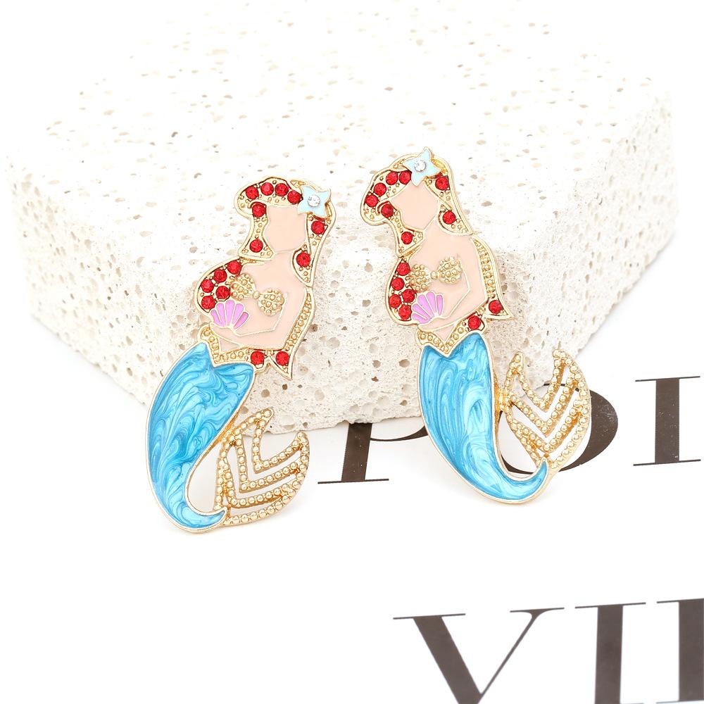 Pinkdudu Mermaid Enamel Earrings  Whimsical Shell & Red Crystal Drops Hand-Painted Fairy Tale Jewelry PD1475
