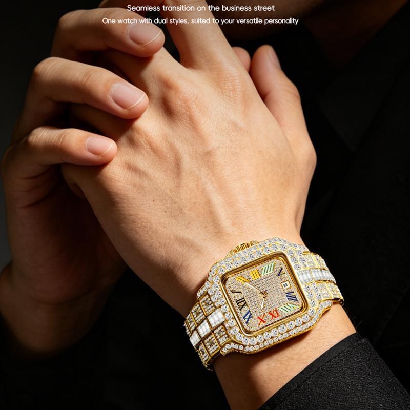 Mens Iced Out Watch Square Full Diamond Quartz Wrist Watch with Luminous Hands Date Waterproof Hip Hop Style