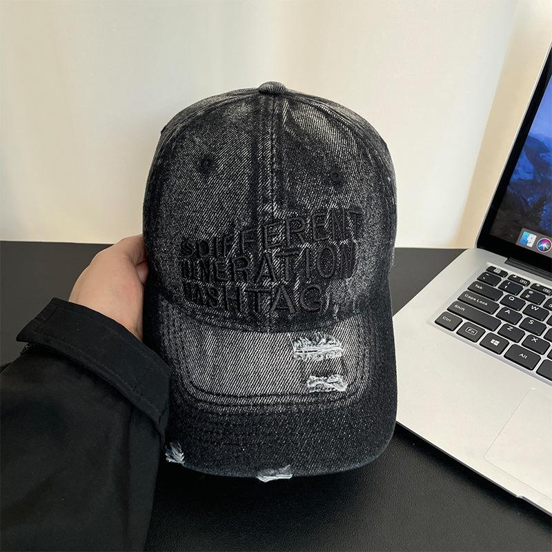 

Letter embroidered baseball cap summer couple versatile washed hole cowboy hat showing face small wide brim sun hat