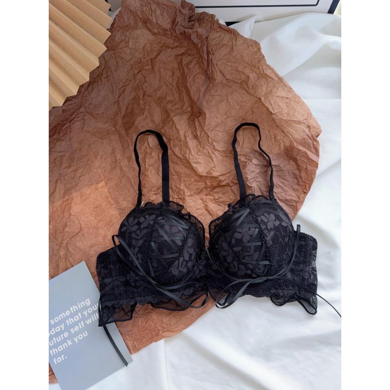 Women Cute Pink White Lace Wireless Bra with Ruffle Trim and Ribbon Ties