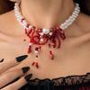 Gotický červený perlový náhrdelník Choker se skvrnami od krve Kreativní halloweenský náhrdelník s křížem a krví