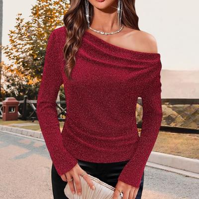 Yousheng Women T-shirt Off Shoulder Long Sleeve Slim Fit Pullover Tops Glitter Solid Color Stretchy Tops Work Party Casual Wear