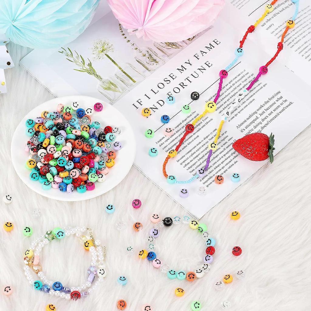 100pcs Colorful Smiley Face Beads - 10mm Acrylic Round Happy Face Loose Spacer Beads Spacer Beads for DIY Jewelry