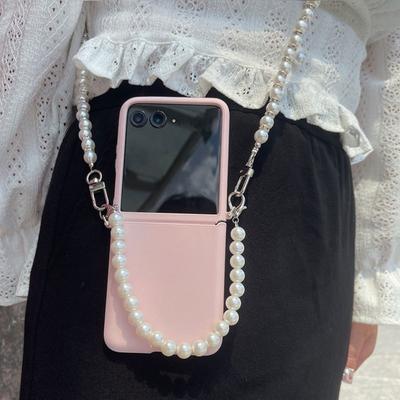 Crossbody Phone Case with Pearl Chain Lanyard Rope Wrist Strap PU Leather Hinge Protection Ultra Thin Shockproof Protective Cover